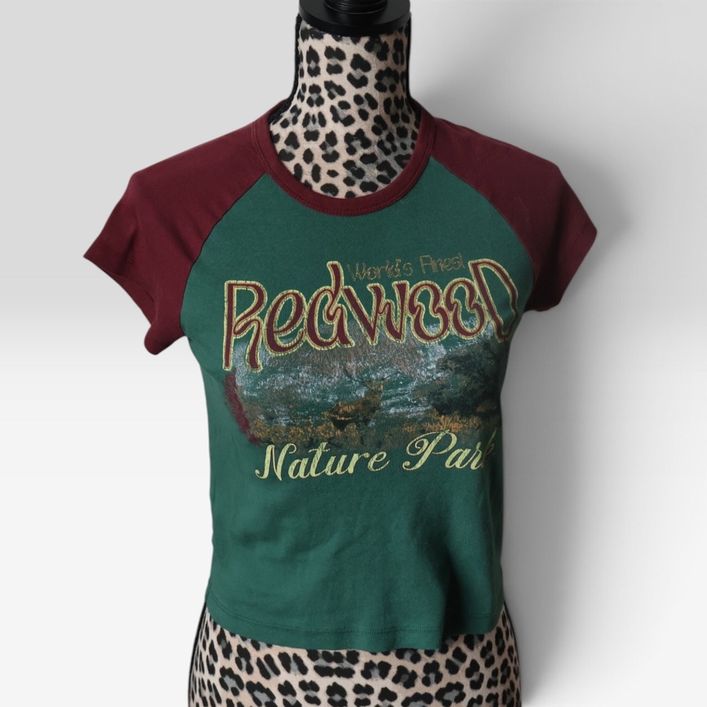 Urban Outfitters Redwood Nature Park Graphic Raglan Baby Tee Green Burgundy L